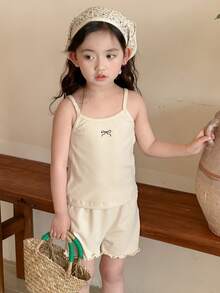 DAZY 2 Stücke/Set Jugendlich Mädchen Urlaubs Lässig Schleife & Stickerei Träger Shorts Set, Mädchen Sommer Outfits - Aprikosenfarben - Übersicht 1