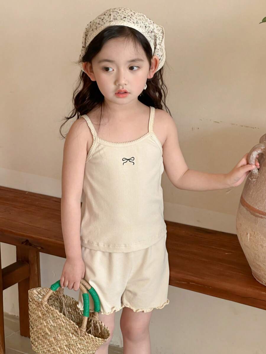 DAZY 2 Stücke/Set Jugendlich Mädchen Urlaubs Lässig Schleife & Stickerei Träger Shorts Set, Mädchen Sommer Outfits - Aprikosenfarben - Übersicht 1