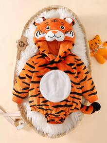 SHEIN 男婴可爱老虎印花毛绒连帽连体衣，带可拆卸3D尾巴，独特设计男婴服装 - 橘色 - 查看 2