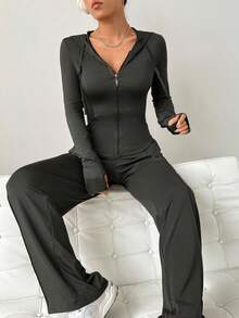 SHEIN EZwear 女款修身連帽衫上衣和直筒褲休閒運動服套裝 - 灰色 - 查看 6