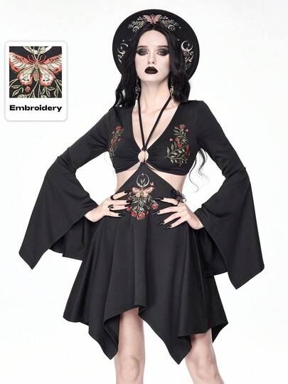 Goth Vintage Floral Butterfly Embroidery Hollow Waist Asymmetrical Hem Flare Sleeve Dress For Women