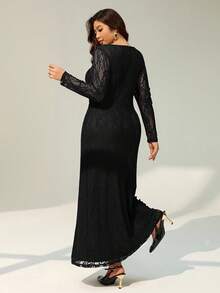 Auralis Robe élégante pour grandes tailles, robe rouge vin, robe élégante pour femmes, nouvelle robe de soirée pour femmes en automne et hiver, robe sexy à manches longues avec dentelle en forme de S, col carré, ajustée aux hanches, robe longue noire super longue, robe en dentelle - Noir - Voir 2