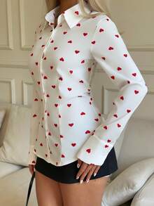SHEIN EZwear Áo sơ mi nữ dệt hình trái tim đỏ nền trắng - trắng - Xem 3