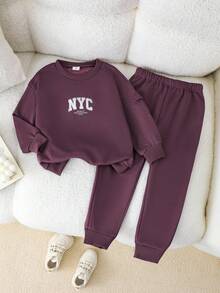2pcs/Set Girls Long Sleeve Top & Pants Casual Sports Suit, Solid Color Top With White Letter Print For Energetic Look, Matching Jogger Pants, Simple Yet Fashionable, Suitable For Layering In Winter Or Wearing Alone In Autumn - Purple - View 5