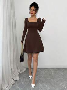 Elenzga 女士方领长袖休闲时尚连衣裙 - 咖啡棕 - 查看 3