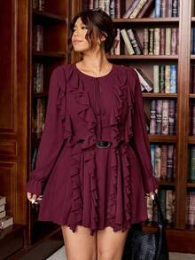 Vionelle Plus Size Women's Burgundy French Chiffon V-Neck Elegant Autumn Retro Ruffle Hem Long Sleeve Blouse,Perfect For Wedding Guest,Office&Party Wear - Burgundy - View 3