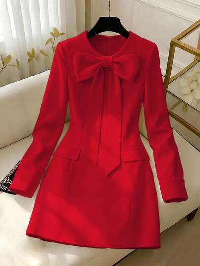 GlowEve Women's Elegant Solid Color Bow Decor Long Sleeve Dress, Autumn/Winter