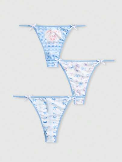 3pcs/Set Kawaii Butterfly, Floral, Rabbit & Cherry Print Bow Decor Women's Thong Panties