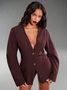 Normani Áo khoác Blazer tay cong thời trang đi làm dành cho nữ - Cà phê nâu - Xem 8
