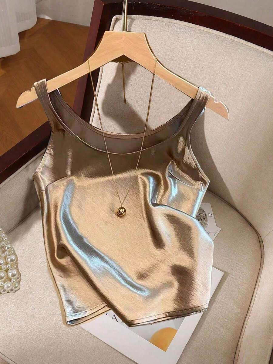 GlowEve Áo ba lỗ không tay bằng vải satin dành cho nữ - Màu Khaki - Xem 1
