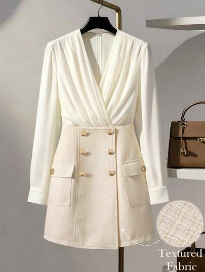 Regalyn Women's Autumn/Winter Pleated Fabric Patchwork Metal Button Decor Short Dress