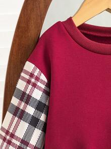 SHEIN Young Girl Casual Plaid Patchwork Sweatshirt - Burgundy - View 6
