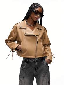 GENKIRA Retro Punk Style Cropped PU Leather Moto Jacket With Straps, Cool Design  - Coffee Brown - View 2