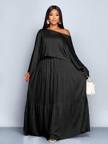 SOLERSUN Bộ đồ hai mảnh vải lanh trơn màu đơn giản, dáng rộng, tay dài và chân váy xếp ly cỡ lớn dành cho nữ - màu đen - Xem 3