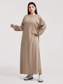 Veilorie Women's Casual Drop Shoulder Loose Fit Crew Neck Sweatshirt, Autumn - Khaki - View 3