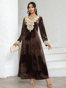 Al Najma 休闲复古长袖收腰阿拉伯风格女式连衣裙 - 粉色 - 查看 6