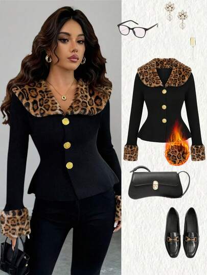 SHEIN Elenzya 优雅拼色开衫，黑色前开襟，时尚豹纹毛领和袖口，奢华金属纽扣装饰，复古硬币风格，适合秋冬圣诞派对、约会、通勤