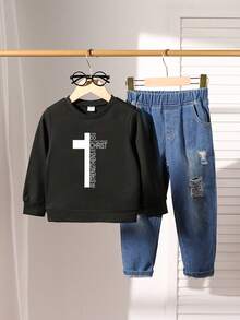 SHEIN 一套男童休闲简约十字印花长袖圆领卫衣和牛仔裤套装，时尚运动套装，适合秋冬季外出穿着 - 黑色 - 查看 3