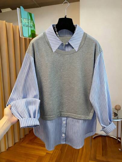 Resyla 女士休闲通勤条纹撞色拼接宽松卫衣