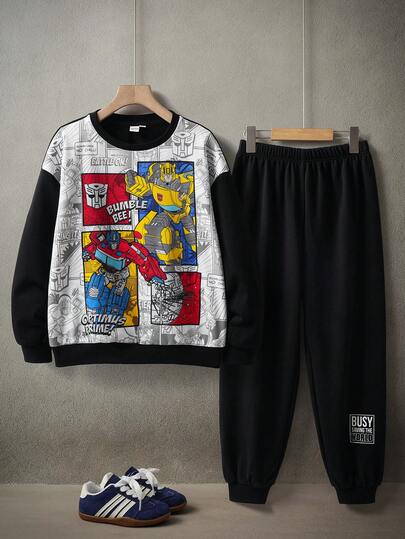 Transformers X SHEIN Set de sudadera y pantalón de chándal de punto con estampado de robot de cuello redondo y hombros caídos para niño preadolescente
