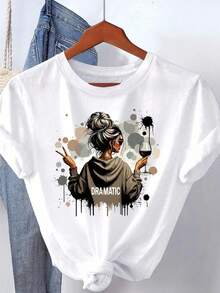 SHEIN 女士休闲印花 T 恤和条纹短裤两件套，夏季 - 咖啡棕 - 查看 4