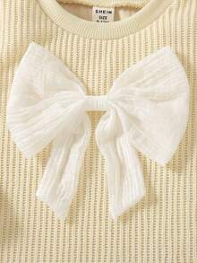 SHEIN 2 件套女婴秋冬休闲风格套装，蝴蝶结装饰，长袖上衣和长牛仔裤 - 杏色 - 查看 8