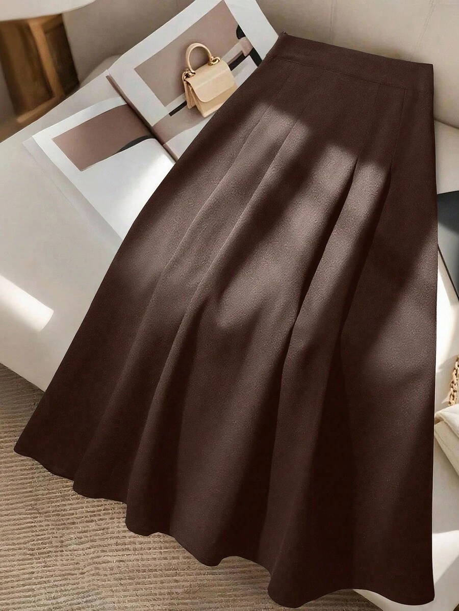 Modelyn 优雅时尚高腰百褶中长裙，百搭又迷人 - 棕色 - 查看 1