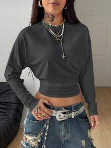 Coolane Women's Charcoal Gray Ruched Long Sleeve Crop Tees,Autumn Punk Night Out Y2K Streetwear Minimalist Basic Stretchy Loose Winter Fall Clothes - Dark Grey - View 6