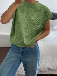 Siren Gaze Women Casual Solid Color 3D Floral Short Sleeve Knitted Top,Knitted Sweater