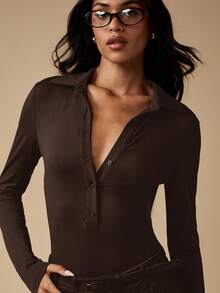 MISSGUIDED Long Sleeve Ribbed Bodysuit With Button Front Henley Neckline For Women Fall Winter - Brown - View 6
