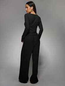 MISSGUIDED Knit Two Piece Lounge Set V Neck Long Sleeve Top Wide Leg Drawstring Pants Comfortable Casual Loungewear - Black - View 2