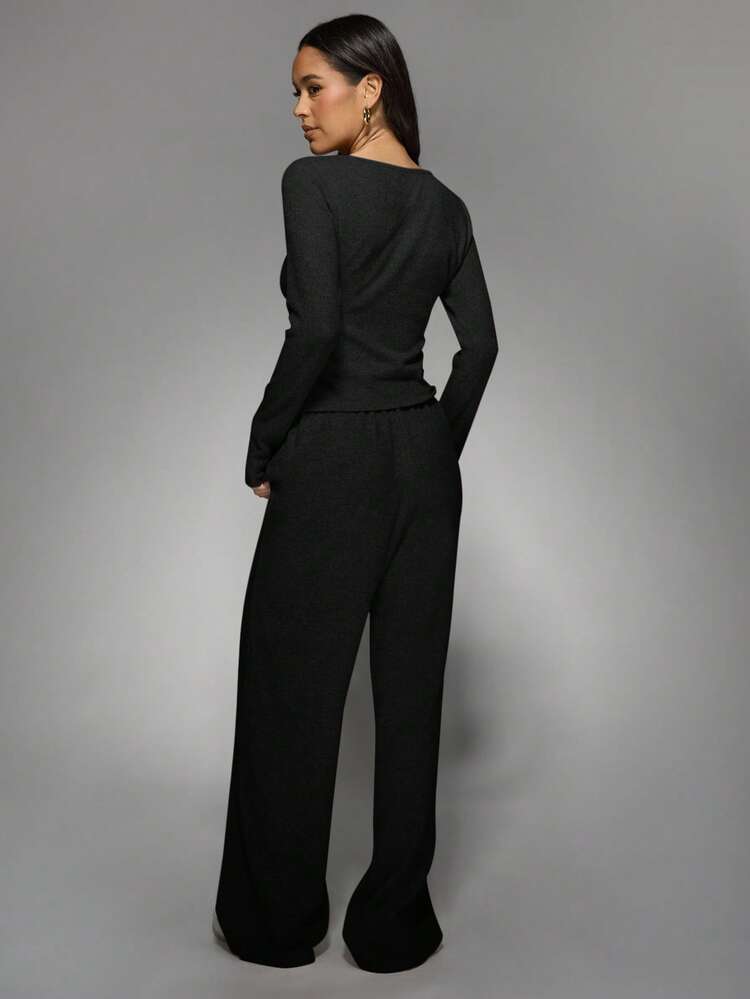 MISSGUIDED Knit Two Piece Lounge Set V Neck Long Sleeve Top Wide Leg Drawstring Pants Comfortable Casual Loungewear