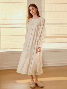 MOTF PREMIUM LACE TRIM LOOSE COMFORTABLE LONG ROMANTIC NIGHTGOWN - Apricot - View 7