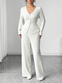 Elenzga Plus Size Women Button Front Top T-Shirt Jacket And Straight Leg Knit Pants 2 Pieces Set, Comfortable For Home And Daily Elegant Wear - White - View 5