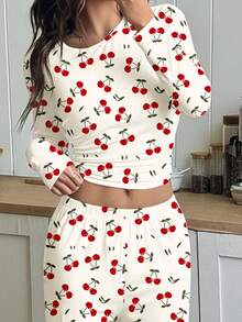 SHEIN Leap Crew 2pcs Vintage Sweet Mini Cherry Print, Ballerina Style, Teen Girl Autumn/Winter Round Neck Raglan Sleeve T-Shirt & Plaid Pattern Loose Pants Casual Pajama Set, Suitable For Christmas Loungewear - Multicolor - View 5