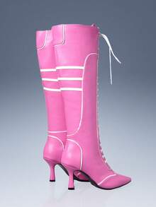 CUCCOO GRLICON 女士尖头系带黑白撞色过膝长靴，时尚百搭，适合圣诞节、新年派对、约会之夜、春季休闲、万圣节、赛车风格、感恩节等各种场合。 - 粉色 - 查看 3