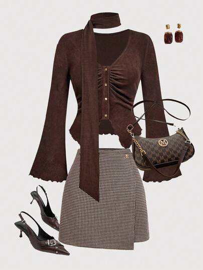 SHEIN MOD Plus Size Women's Retro Brown Chinese Style Flare Sleeve Tie Collar T-Shirt.Christmas Outfit