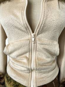 SHEIN Unity Casual Zip-Up Long Sleeve Fuzzy Ball Decor Sweatshirt For Women, Apricot Color - Apricot - View 6