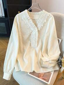 GlowEve CURVE Plus Size Women Elegant Solid Color Jacquard Lace Patchwork V-Neck Long Sleeve Button-Up Shirt, Suitable For Commute And Everyday Wear - Apricot - View 1