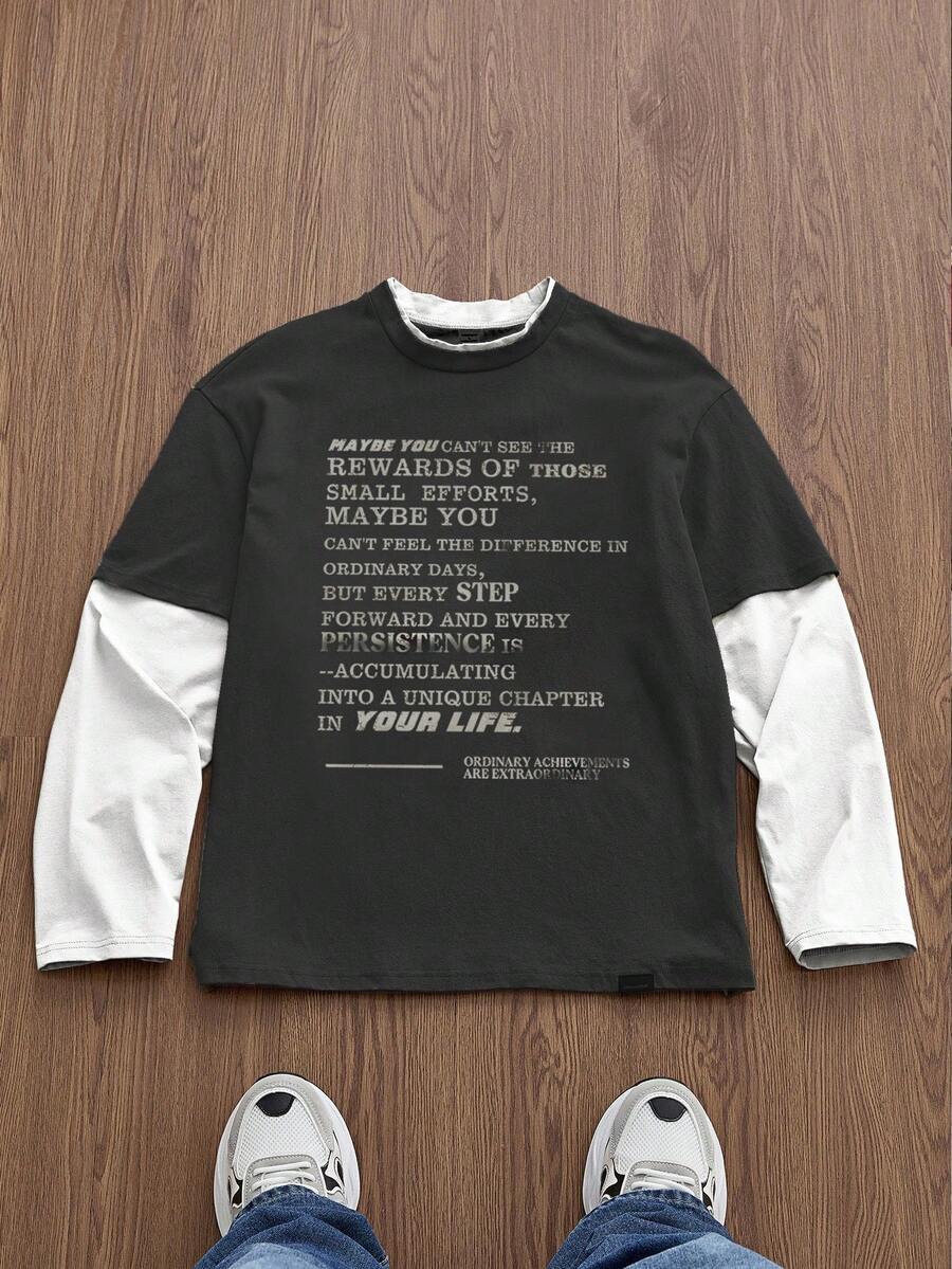 Manfinity Unisex Men's Knitted Casual Daily Younger Generation English Text Print Patchwork Loose Long Sleeve T-Shirt, Summer, School, Fall, Couple Things