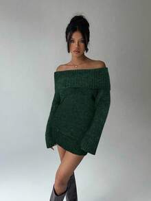 Aloruh 灰色露肩高领长袖迷你连衣裙，上衣宽松下装紧身，年轻淑女风，秋冬 - 綠色 - 查看 8