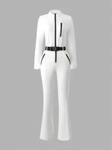 Chiquease 女士撞色喇叭滑雪裤，紧身连体长裤，适合秋冬季户外穿着