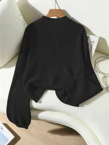 Franclia 女士休闲日常通勤简约纯色落肩宽松套头毛衣，秋冬 - 黑色 - 查看 2