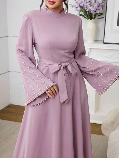 Al Najma Women's Elegant Solid Color Waist Tie Long Sleeve Arabic Style Dress