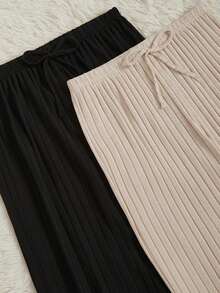 SHEIN 两件套加大码女式纯色黑色和杏色腰带仿抽绳宽松裤，保暖超柔软罗纹面料家居服睡裤套装，适合冬季穿着 - 彩色 - 查看 4