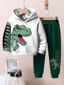 SHEIN 2 st/set Young Boys Casual Tecknad Dinosaurie & Engelska Bokstäver Grafik Lös Passform Bekväm Långärmad Huvtröja, Lämplig För Höst/Vinter - Multifärgad - Visa 2