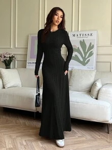 SHEIN EZwear 女士纯色长袖休闲罗纹针织连衣裙 - 黑色 - 查看 6