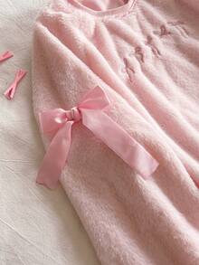 Teen GirlSweatshirt, Pink Long Sleeve With Furry Shoulders, Bow Accents On Neckline And Chest, Fashion Casual Versatile, Suitable For Autumn/Winter Outings And Commuting, Can Be Paired With Jeans Or Sweatpants - Pink - View 3