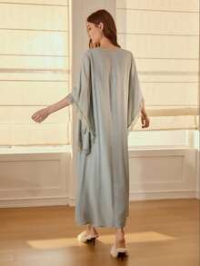 MOTF PREMIUM CONTRAST LACE BIAS CUT CAMI DRESS & FLARE SLEEVE ROBE PAJAMA SET - Green - View 6