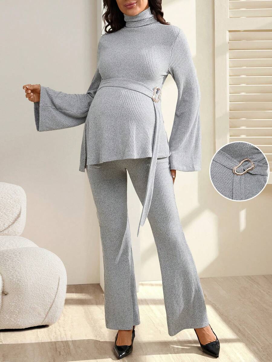SHEIN 2pcs Maternity High Elastic Ribbed Turtleneck Long Sleeve Top And Pants Set - Grey - View 1